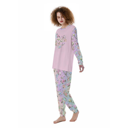 Women’s Pajama Set – Pastel Rainbow Floral Pants with Matching Pink Long Sleeve Top - Printspirationz
