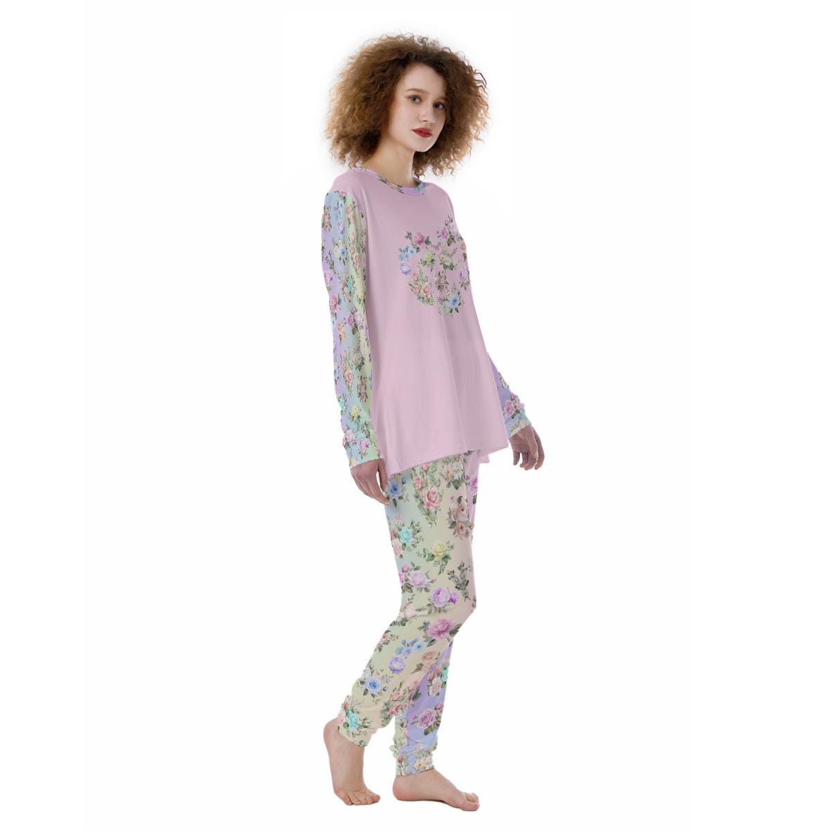 Women’s Pajama Set – Pastel Rainbow Floral Pants with Matching Pink Long Sleeve Top - Printspirationz