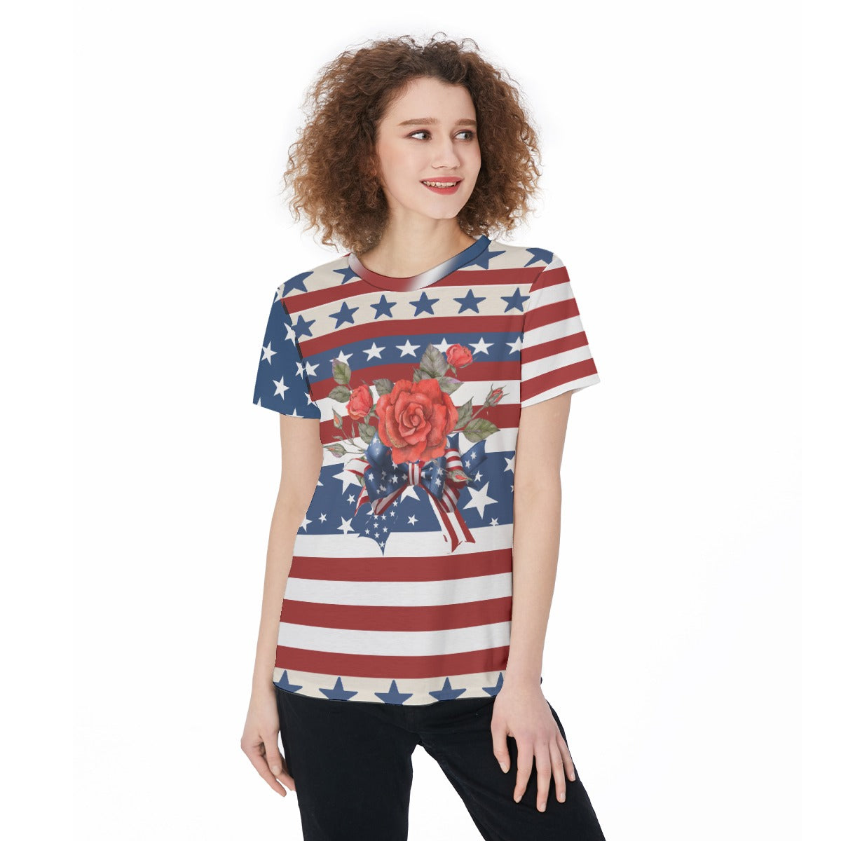 American Patriotic Tee - USA Flag Inspired Round Neck T-Shirt For Women - Lightweight, Casual, Festive Independence Day Sports Jersey Gym Workout Top - Lightweight and Trendy! - Printspirationz