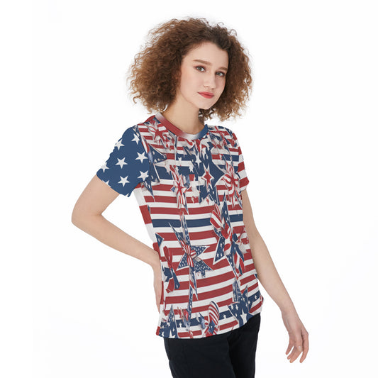 American Patriotic Tee - USA Flag Inspired Round Neck T-Shirt For Women - Lightweight, Casual, Festive Independence Day Sports Jersey Gym Workout Top - Lightweight and Trendy! - Printspirationz