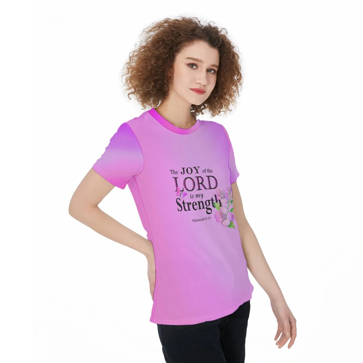Christian Workout Tee, Joy and Strength Bible Verse Flower Design Activewear, Pink Athletic Top,  Casual Fitness Sports Jersey T-shirt - Printspirationz