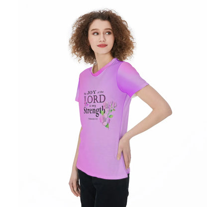 Christian Workout Tee, Joy and Strength Bible Verse Flower Design Activewear, Pink Athletic Top,  Casual Fitness Sports Jersey T-shirt - Printspirationz