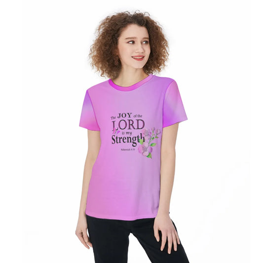 Christian Workout Tee, Joy and Strength Bible Verse Flower Design Activewear, Pink Athletic Top,  Casual Fitness Sports Jersey T-shirt - Printspirationz