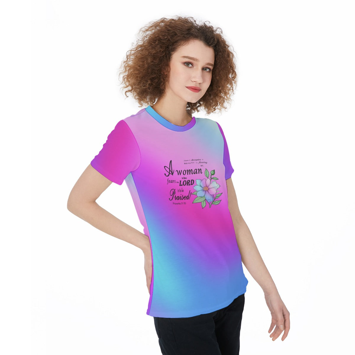 Floral Proverbs 31 Sports Jersey Tee Shirt For Women - Pink, Blue & Purple Gradient - Inspiring Bible Verse Graphic, Gift for her - Printspirationz