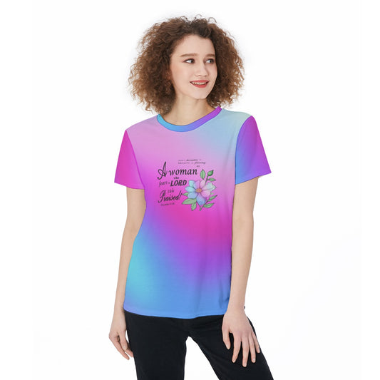 Floral Proverbs 31 Sports Jersey Tee Shirt For Women - Pink, Blue & Purple Gradient - Inspiring Bible Verse Graphic, Gift for her - Printspirationz