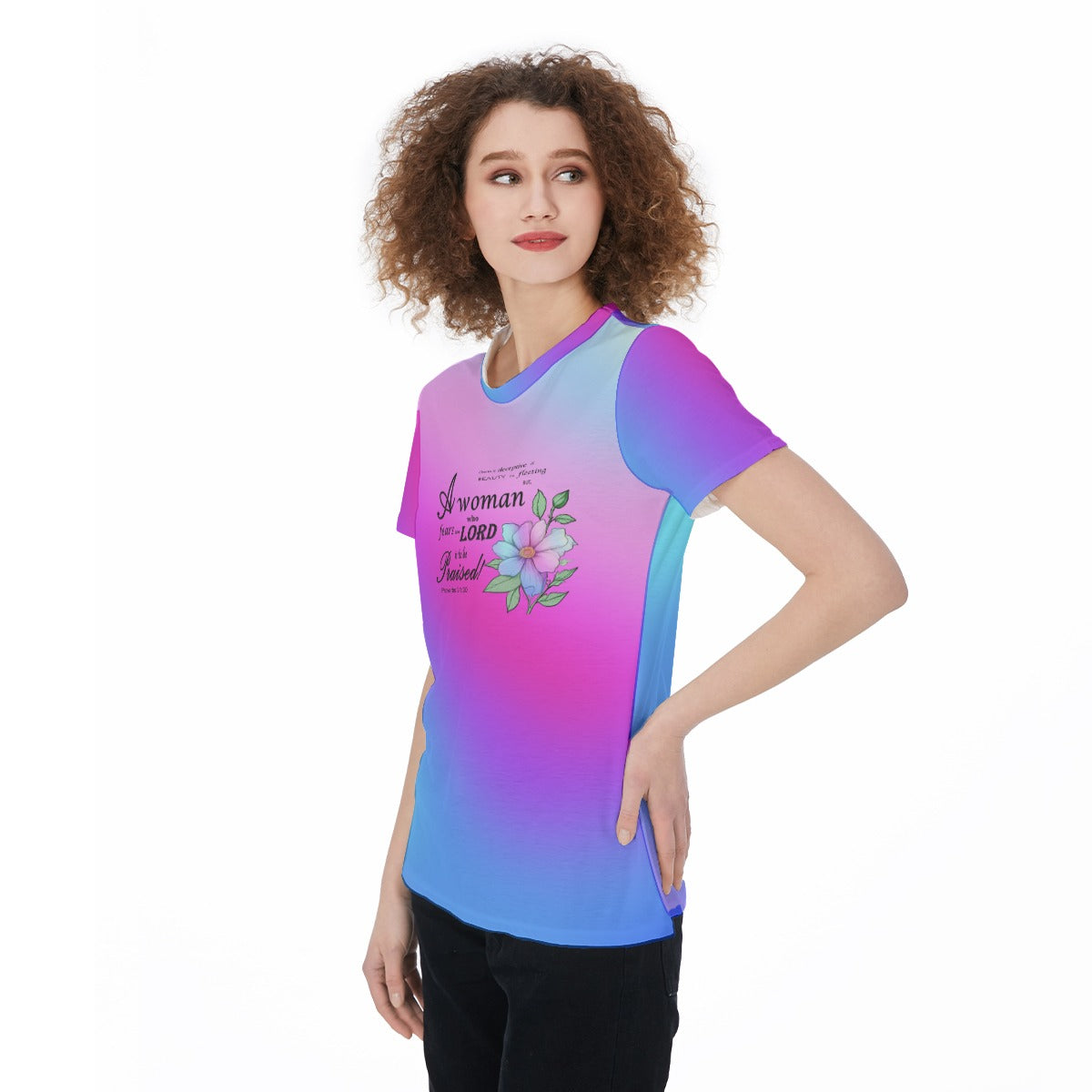 Floral Proverbs 31 Sports Jersey Tee Shirt For Women - Pink, Blue & Purple Gradient - Inspiring Bible Verse Graphic, Gift for her - Printspirationz