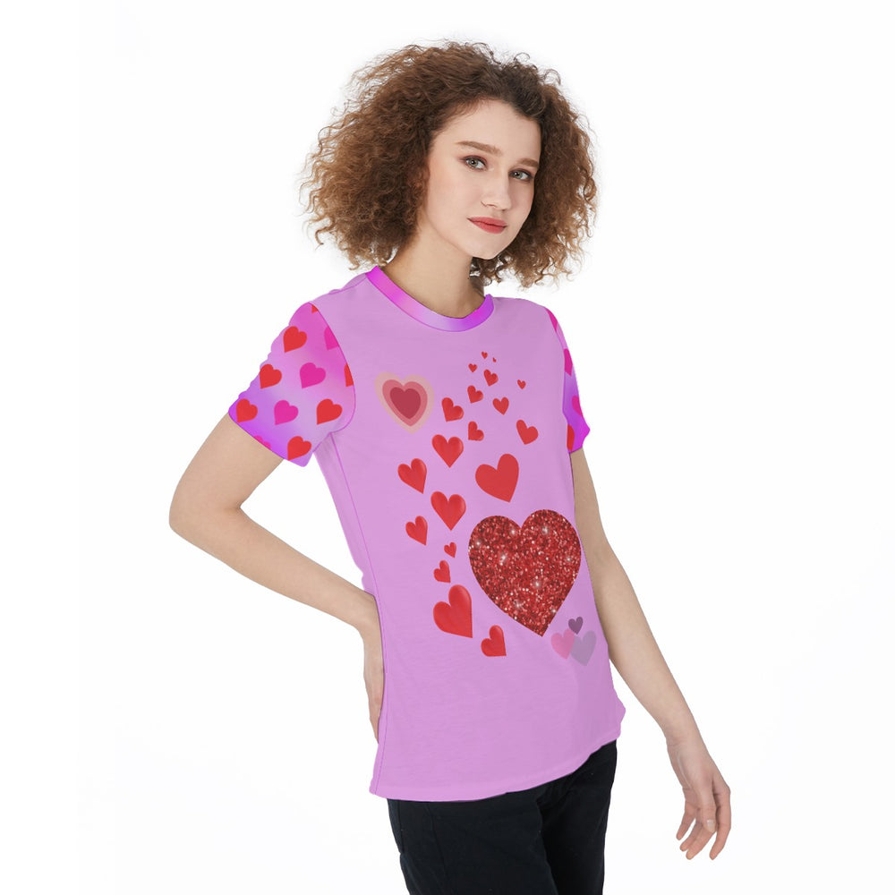 Women’s Sports Jersey Tee – Cute Hearts Pattern on Pink Background, Fun & Playful Style