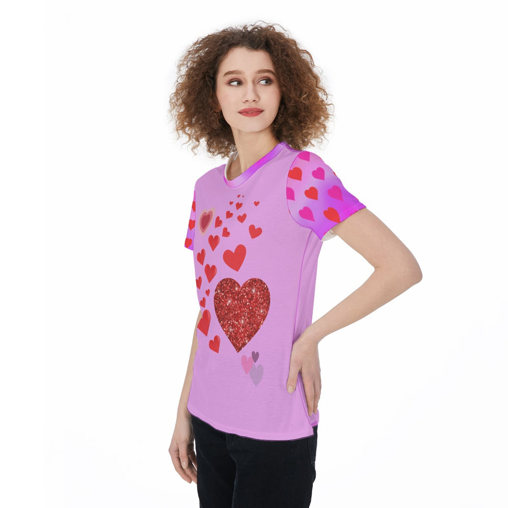 Women’s Sports Jersey Tee – Cute Hearts Pattern on Pink Background, Fun & Playful Style