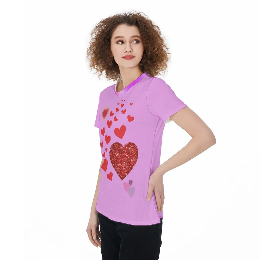 Women’s Sports Jersey Tee – Cute Hearts Pattern on Pink Background, Fun & Playful Style