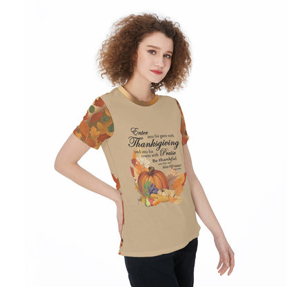 Thanksgiving Sports T-shirt For Women, Bible Verse Fall Harvest Graphic, Athletic Top, Workout Shirt, Active Wear, Sports Apparel, Fitness Casual. - Printspirationz