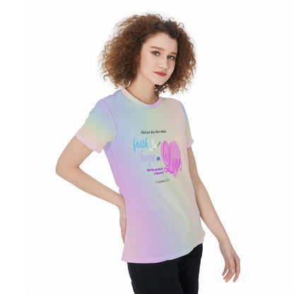 Faith Hope Love Bible Verse T-Shirt – Scripture Dove & Heart Graphic Tee – Pastel Rainbow Lightweight Jersey Shirt – Inspirational Scripture Tee For Women - Printspirationz