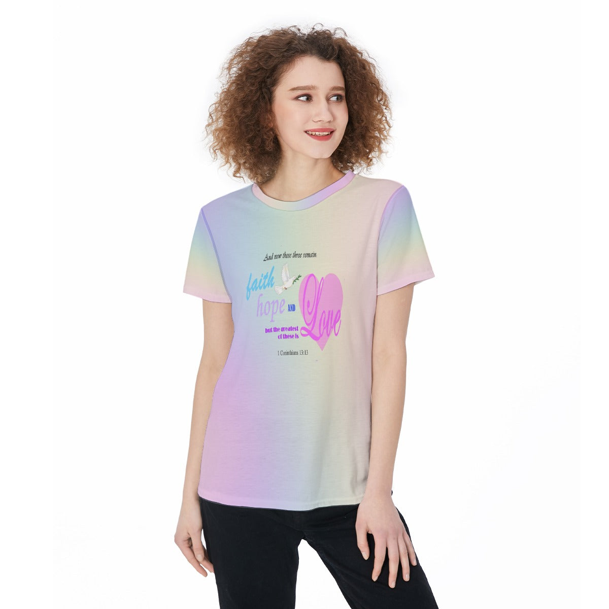 Faith Hope Love Bible Verse T-Shirt – Scripture Dove & Heart Graphic Tee – Pastel Rainbow Lightweight Jersey Shirt – Inspirational Scripture Tee For Women - Printspirationz