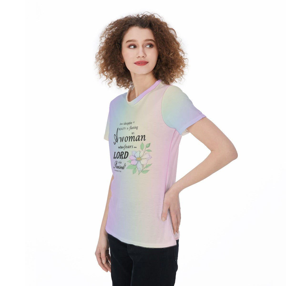 Proverbs 31 Woman Floral Scripture T-Shirt – Pastel Rainbow Lightweight Jersey Tee – Faith-Based Shirt for Women – Bible Verse Graphic Tee - Printspirationz