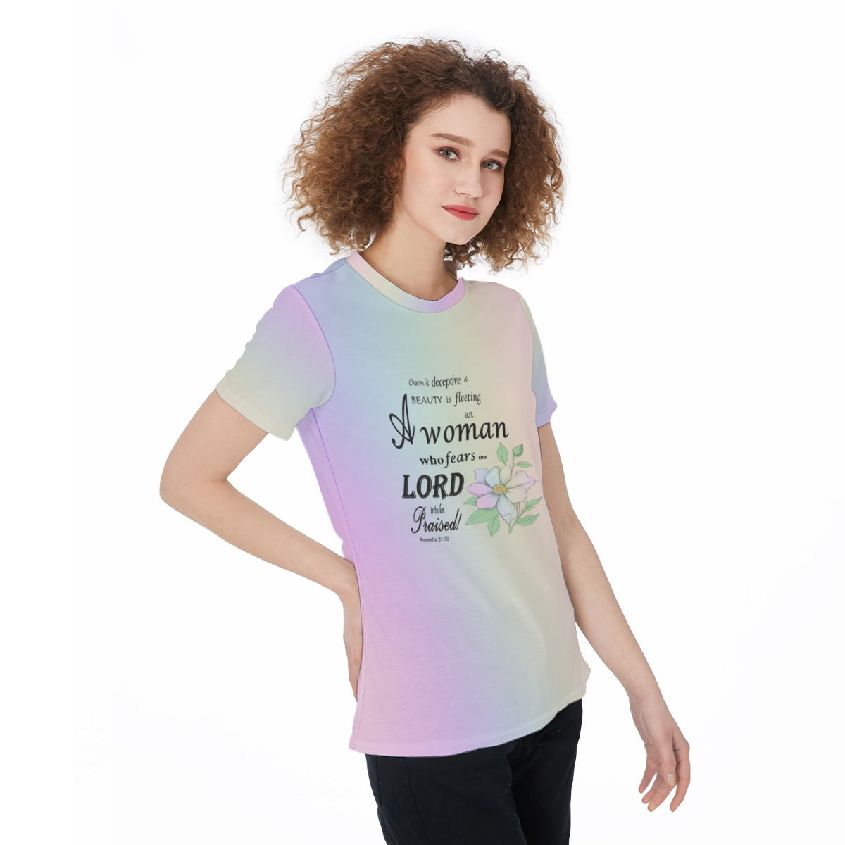 Proverbs 31 Woman Floral Scripture T-Shirt – Pastel Rainbow Lightweight Jersey Tee – Faith-Based Shirt for Women – Bible Verse Graphic Tee - Printspirationz
