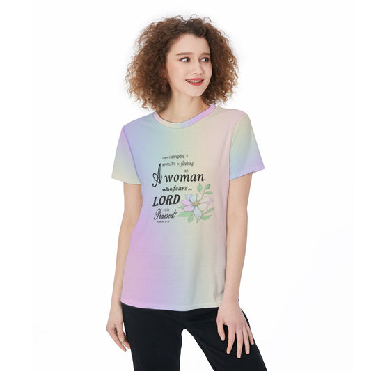 Proverbs 31 Woman Floral Scripture T-Shirt – Pastel Rainbow Lightweight Jersey Tee – Faith-Based Shirt for Women – Bible Verse Graphic Tee - Printspirationz
