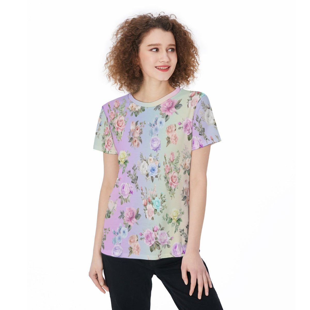 Soft Feminine Floral Workout Tee - Vibrant Pastel Rainbow Colors - Gym Fitness Activewear Top - Casual Sports Jersey T-shirt for Women - Printspirationz