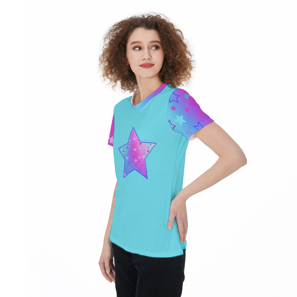 Vibrant Turquoise Women's Sports Jersey Tee Featuring Cute Star Graphic in Pink, Purple & Blue - Perfect for Athleisure or Pajama Top - Printspirationz