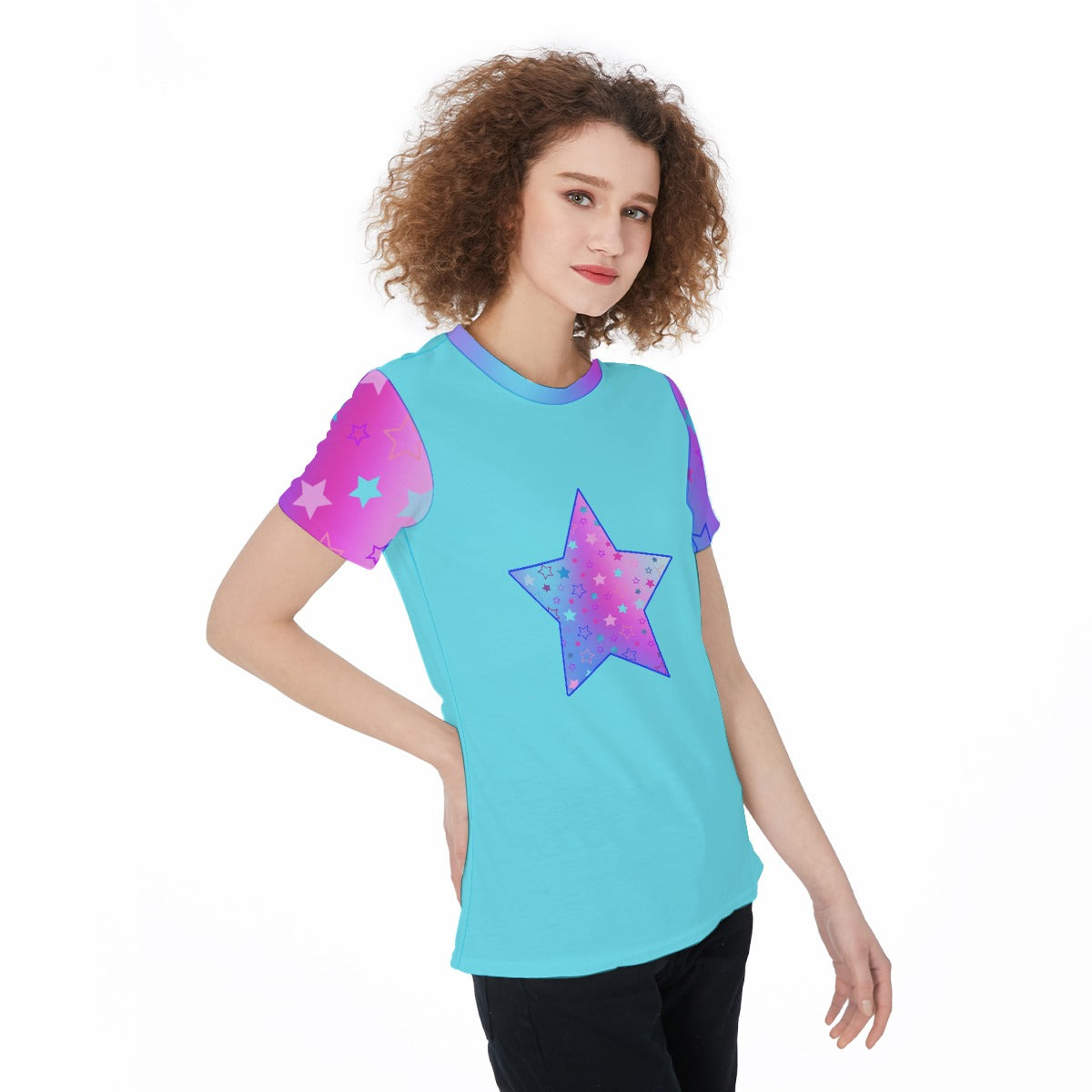 Vibrant Turquoise Women's Sports Jersey Tee Featuring Cute Star Graphic in Pink, Purple & Blue - Perfect for Athleisure or Pajama Top - Printspirationz