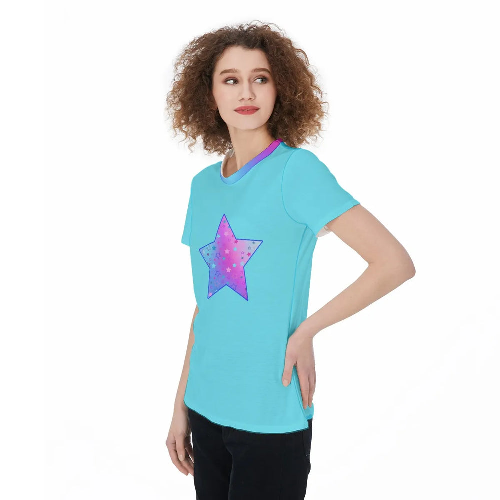 Vibrant Turquoise Women's Sports Jersey Tee Featuring Cute Star Graphic in Pink, Purple & Blue - Perfect for Athleisure or Pajama Top