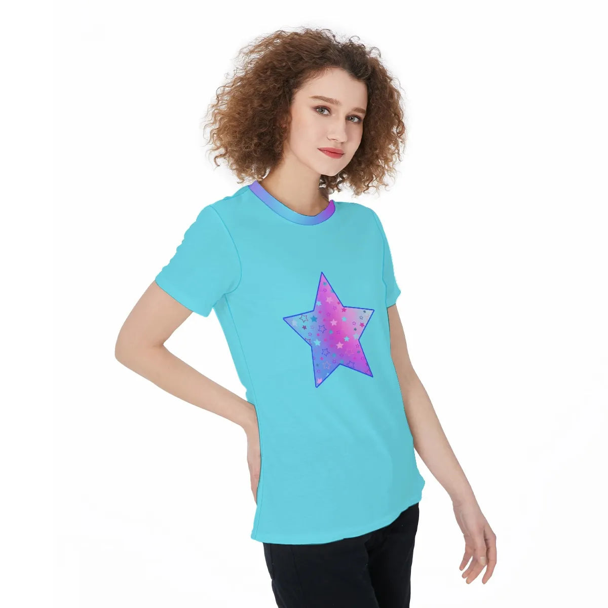Vibrant Turquoise Women's Sports Jersey Tee Featuring Cute Star Graphic in Pink, Purple & Blue - Perfect for Athleisure or Pajama Top - Printspirationz