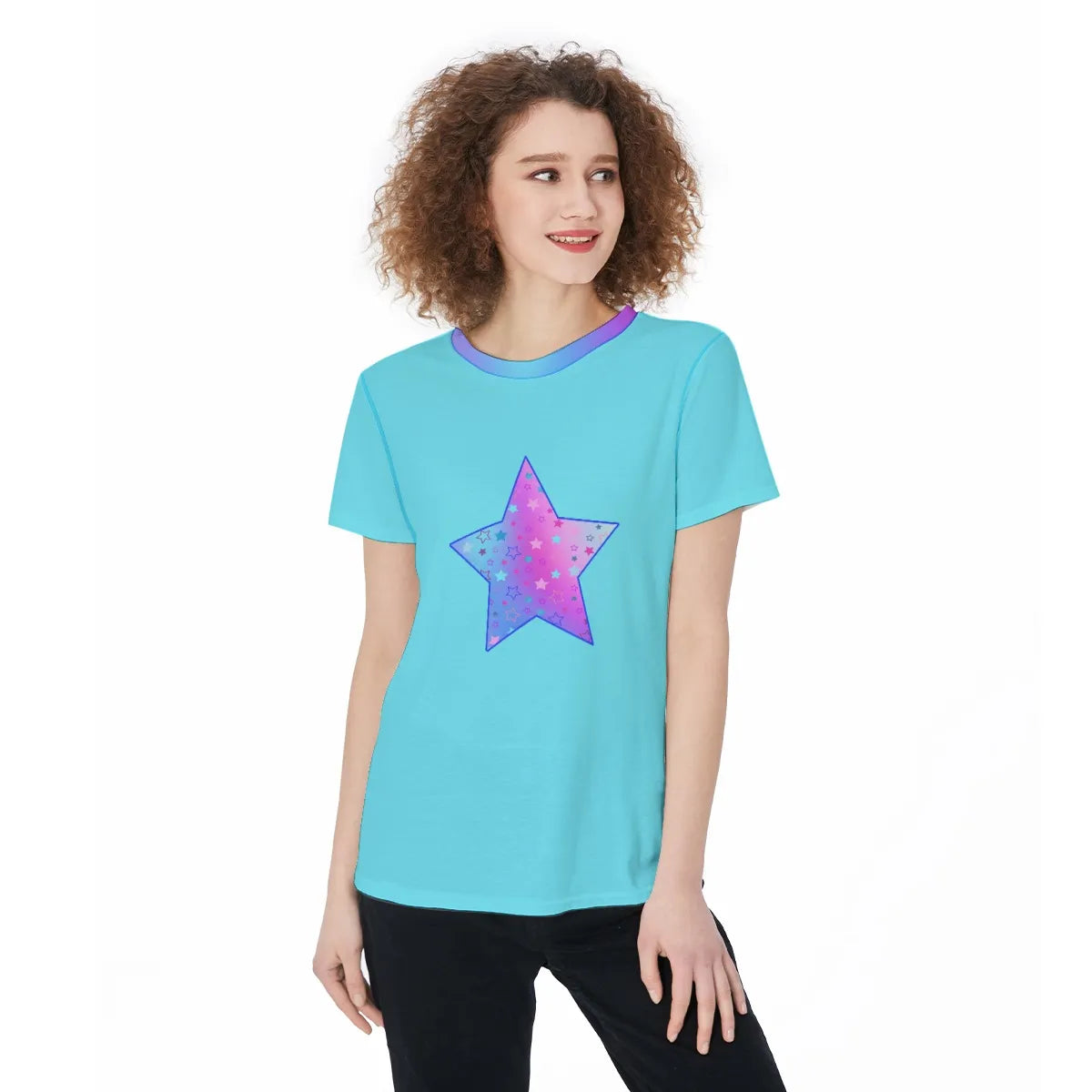 Vibrant Turquoise Women's Sports Jersey Tee Featuring Cute Star Graphic in Pink, Purple & Blue - Perfect for Athleisure or Pajama Top - Printspirationz