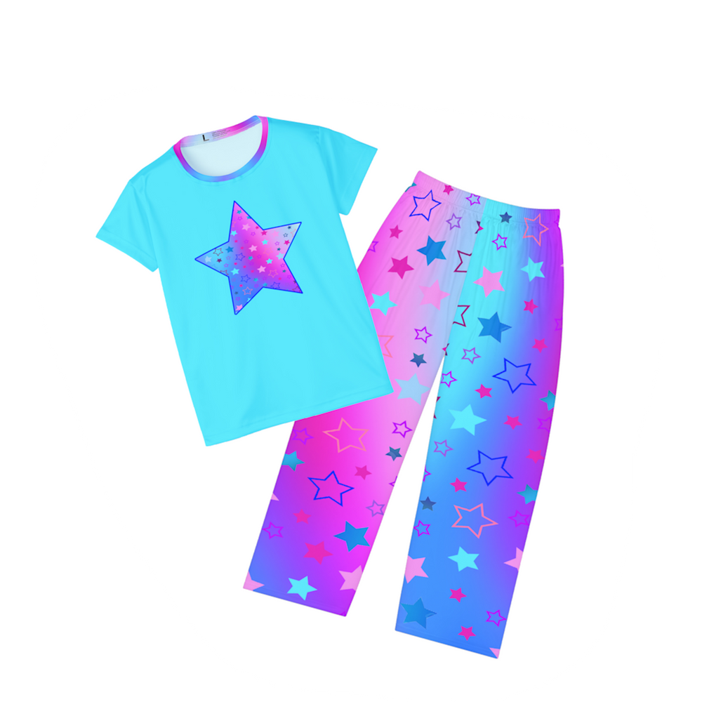 Vibrant Turquoise Women's Sports Jersey Tee Featuring Cute Star Graphic in Pink, Purple & Blue - Perfect for Athleisure or Pajama Top