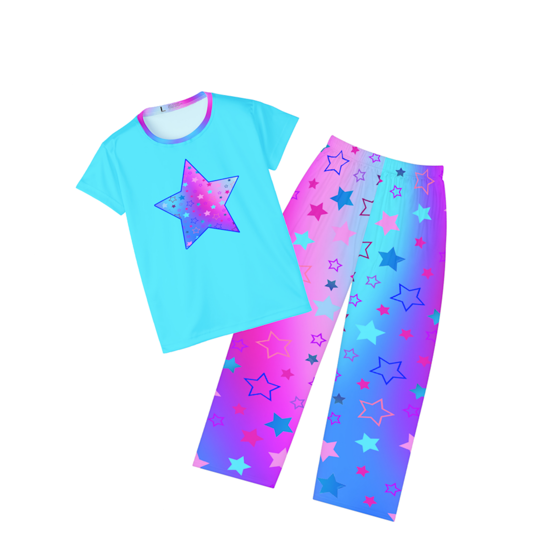 Vibrant Turquoise Women's Sports Jersey Tee Featuring Cute Star Graphic in Pink, Purple & Blue - Perfect for Athleisure or Pajama Top - Printspirationz