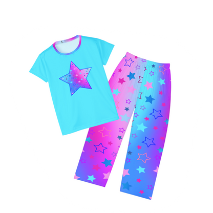 Vibrant Turquoise Women's Sports Jersey Tee Featuring Cute Star Graphic in Pink, Purple & Blue - Perfect for Athleisure or Pajama Top - Printspirationz