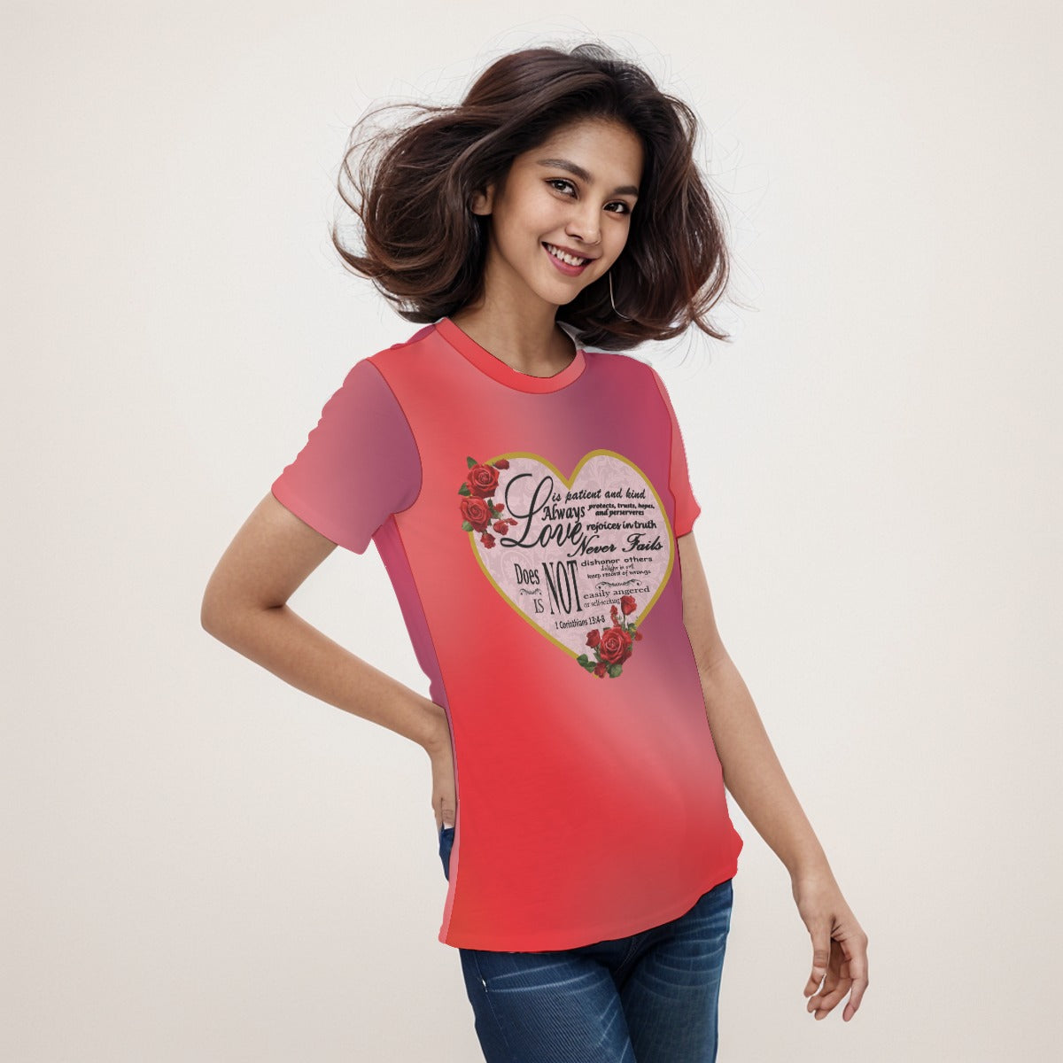 Floral Heart Jersey Tee For Women – 1 Corinthians 13 Bible Verse Shirt  "Love Never Fails": - Printspirationz