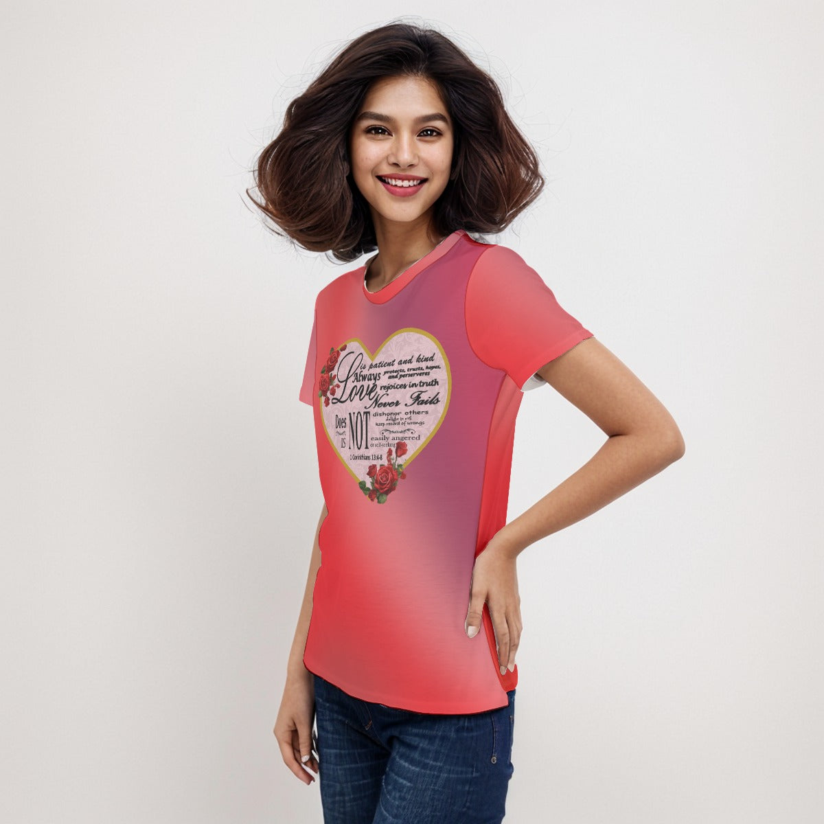 Floral Heart Jersey Tee For Women – 1 Corinthians 13 Bible Verse Shirt  "Love Never Fails": - Printspirationz