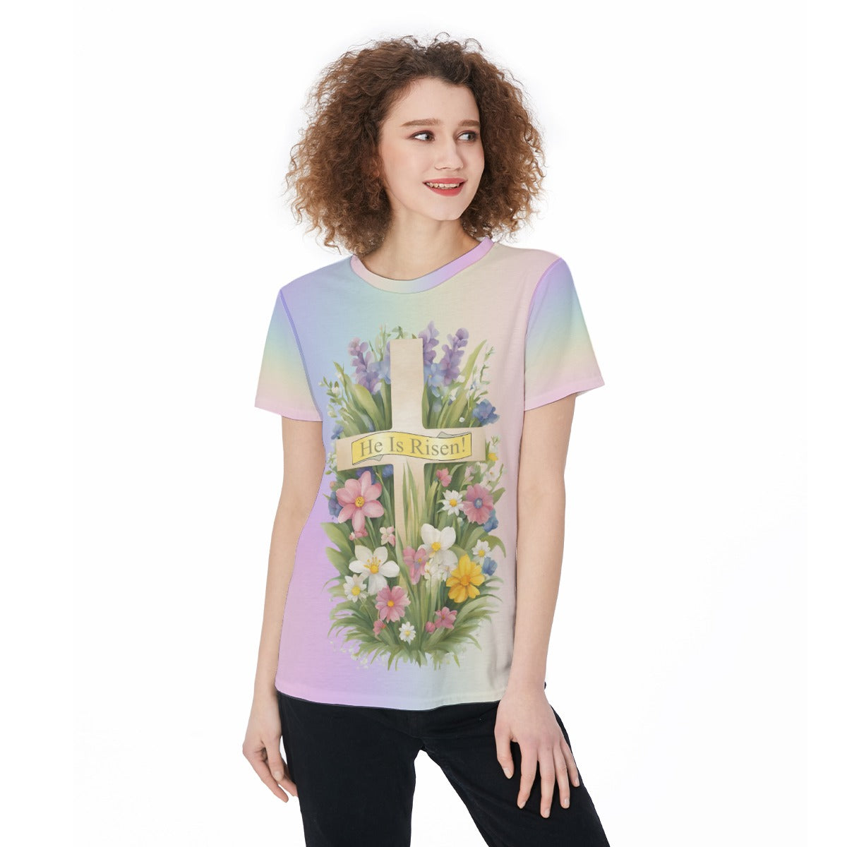 He Is Risen - Pastel Rainbow Easter T-Shirt with Cross & Spring Flowers | Lightweight Jersey Tee For Women - Printspirationz