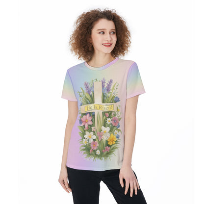 He Is Risen - Pastel Rainbow Easter T-Shirt with Cross & Spring Flowers | Lightweight Jersey Tee For Women - Printspirationz