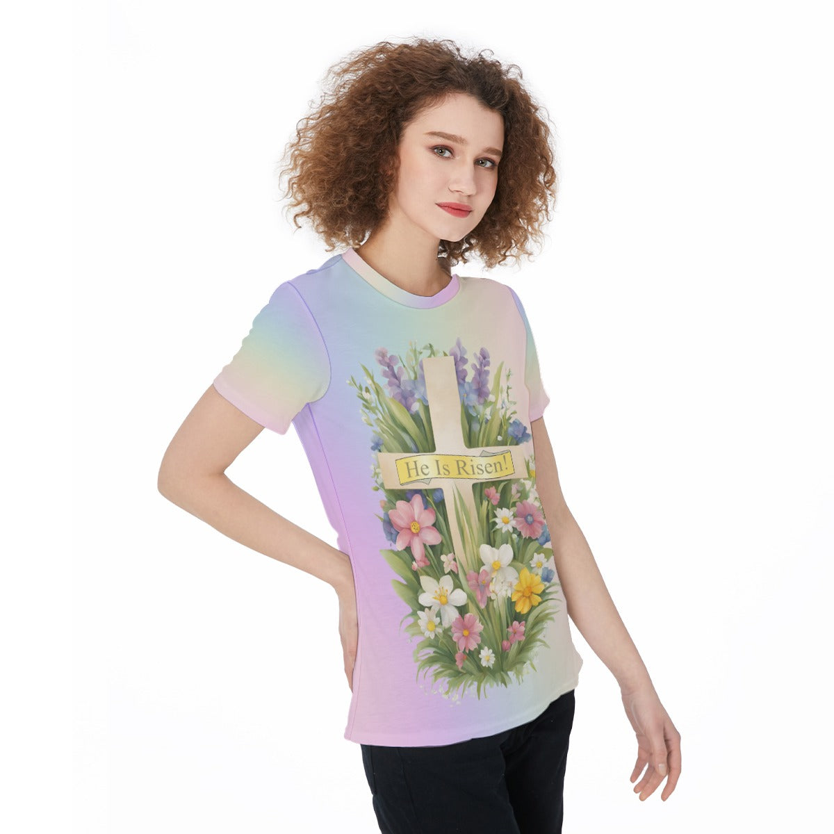He Is Risen - Pastel Rainbow Easter T-Shirt with Cross & Spring Flowers | Lightweight Jersey Tee For Women - Printspirationz