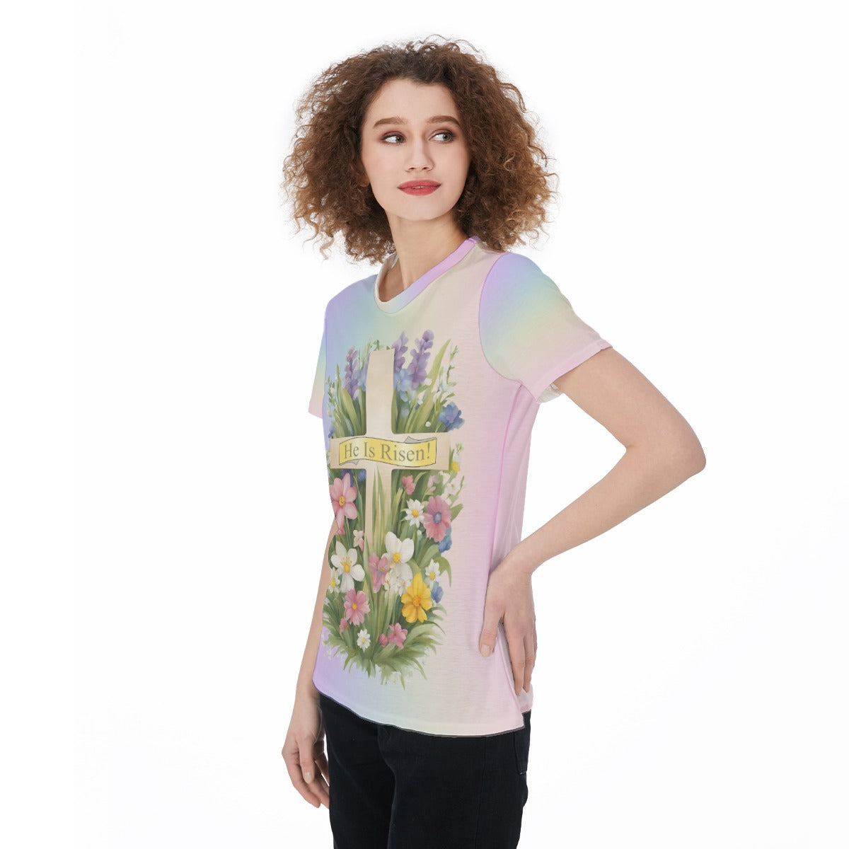 He Is Risen - Pastel Rainbow Easter T-Shirt with Cross & Spring Flowers | Lightweight Jersey Tee For Women - Printspirationz