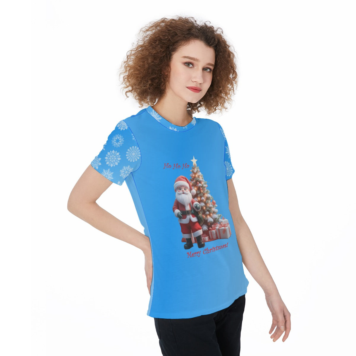 Holiday Santa Claus Women's Sports Jersey, Christmas Athletic Shirt, Festive Workout Top, Blue Background Sweatshirt, Xmas Gift for Her, Pajama Top - Printspirationz