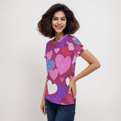 Vibrant Heart Print Women's Short Sleeve Shirt, Perfect for Valentine's Day, Love Gifts, Casual Wear, Birthday, Summer Outfits, Heart Theme - Printspirationz
