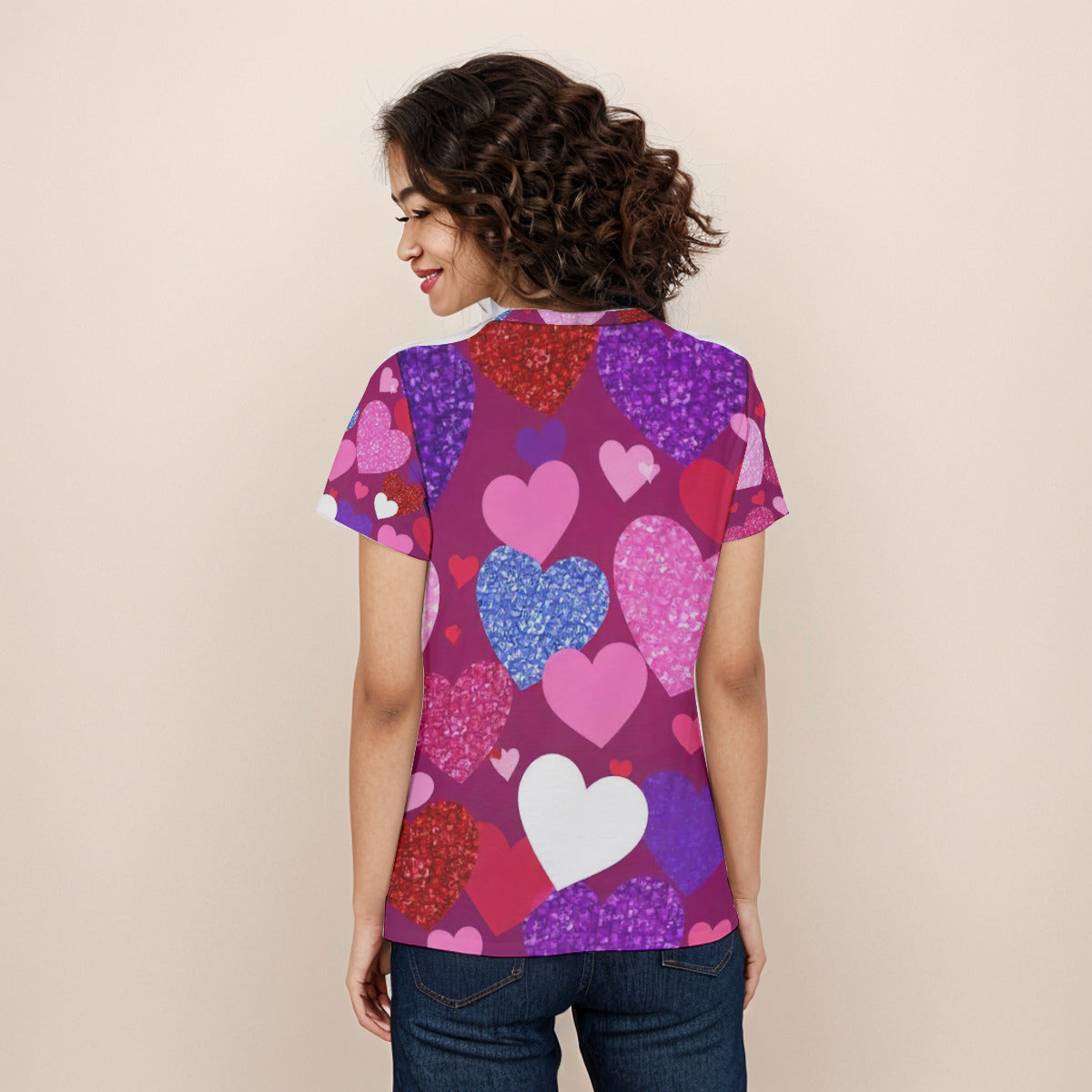 Vibrant Heart Print Women's Short Sleeve Shirt, Perfect for Valentine's Day, Love Gifts, Casual Wear, Birthday, Summer Outfits, Heart Theme - Printspirationz