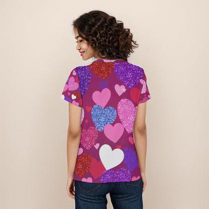 Vibrant Heart Print Women's Short Sleeve Shirt, Perfect for Valentine's Day, Love Gifts, Casual Wear, Birthday, Summer Outfits, Heart Theme - Printspirationz