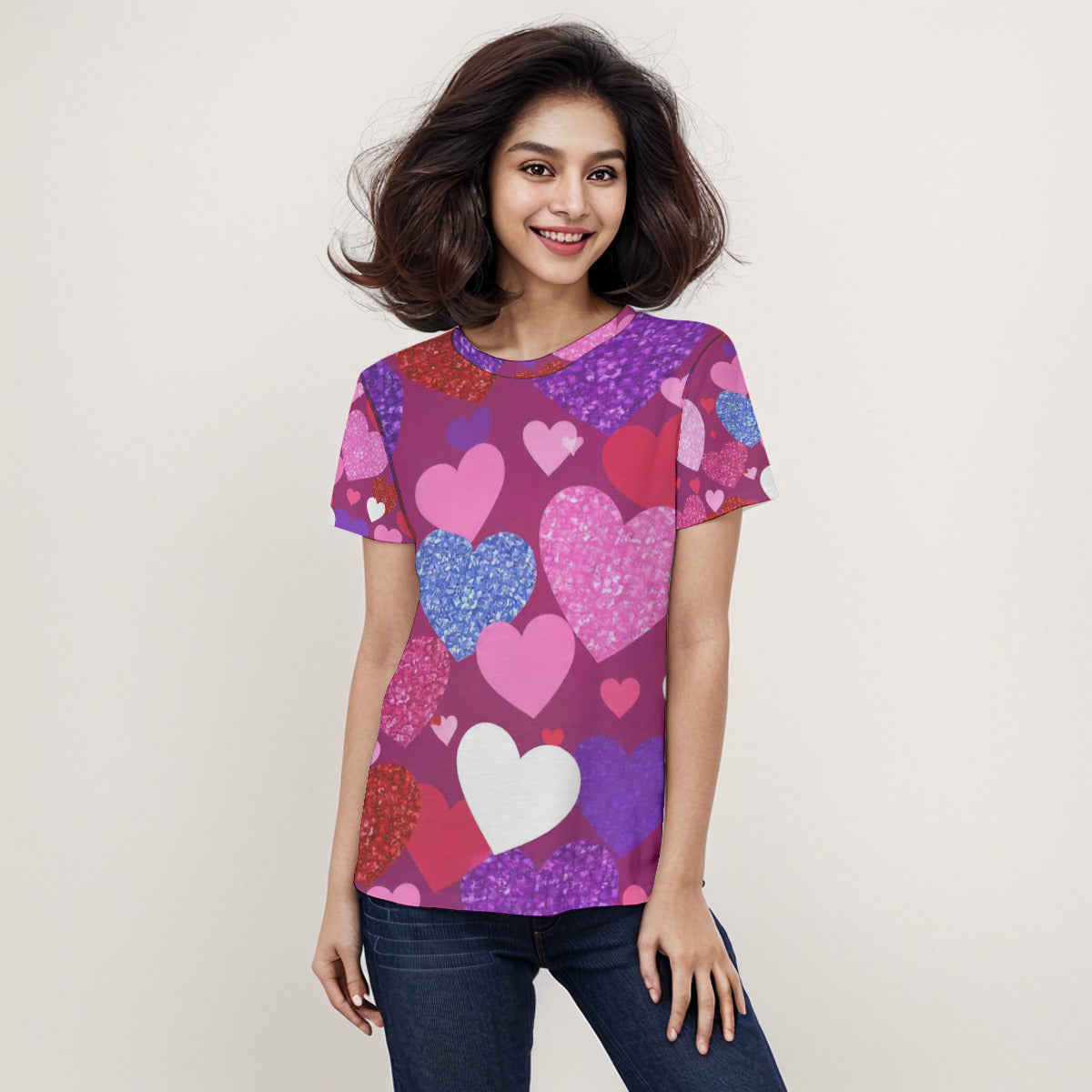 Vibrant Heart Print Women's Short Sleeve Shirt, Perfect for Valentine's Day, Love Gifts, Casual Wear, Birthday, Summer Outfits, Heart Theme - Printspirationz