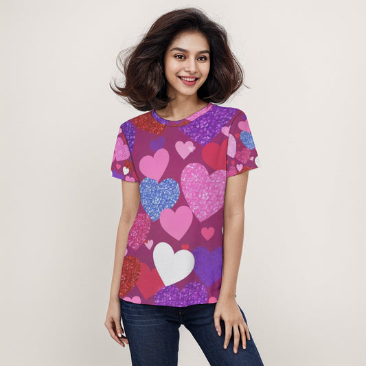 Vibrant Heart Print Women's Short Sleeve Shirt, Perfect for Valentine's Day, Love Gifts, Casual Wear, Birthday, Summer Outfits, Heart Theme - Printspirationz