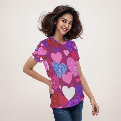 Vibrant Heart Print Women's Short Sleeve Shirt, Perfect for Valentine's Day, Love Gifts, Casual Wear, Birthday, Summer Outfits, Heart Theme - Printspirationz