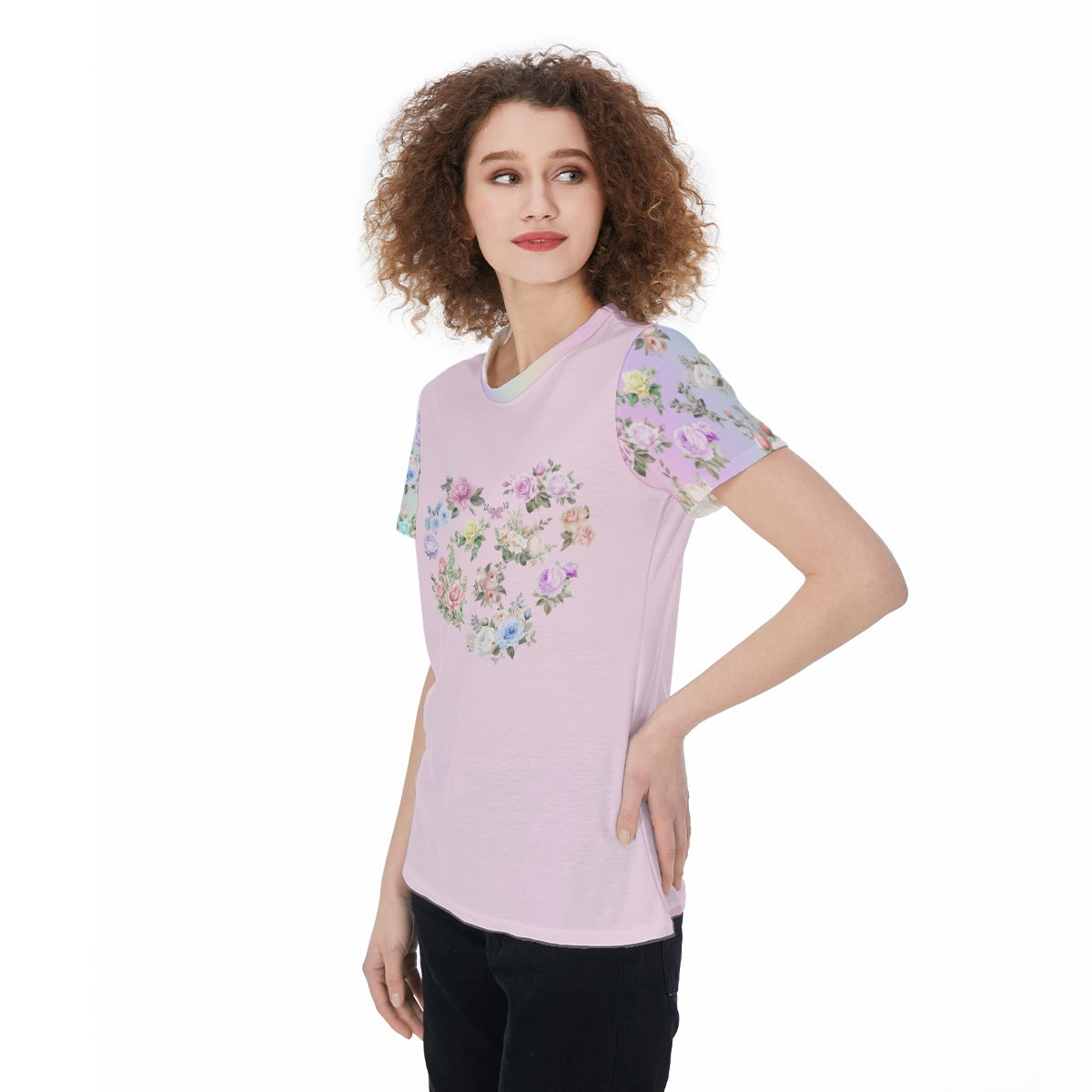 Cute Pastel Flower Heart Graphic Tee | Lightweight Pink Jersey T-Shirt For Women, For Workouts, Leisure, or as a Pajama Top - Printspirationz