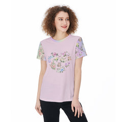 Cute Pastel Flower Heart Graphic Tee | Lightweight Pink Jersey T-Shirt For Women, For Workouts, Leisure, or as a Pajama Top