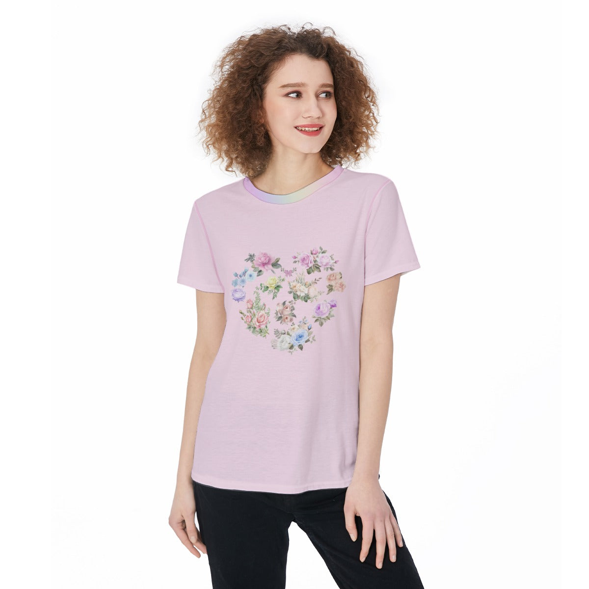 Cute Pastel Flower Heart Graphic Tee | Lightweight Pink Jersey T-Shirt For Women, For Workouts, Leisure, or as a Pajama Top - Printspirationz