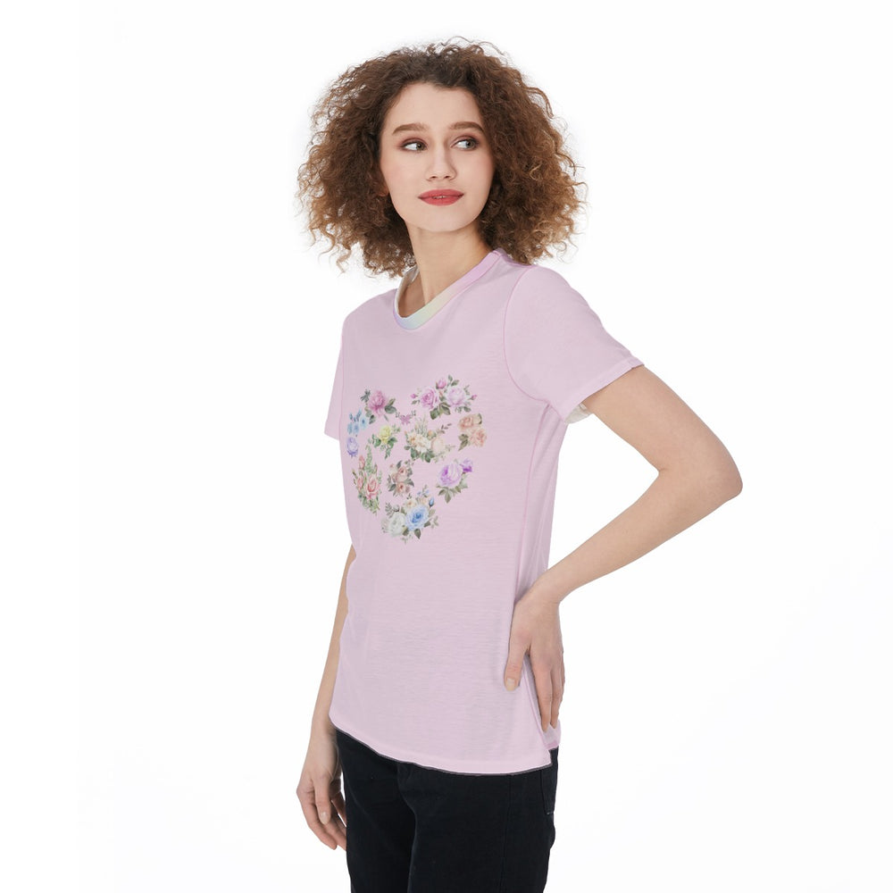Cute Pastel Flower Heart Graphic Tee | Lightweight Pink Jersey T-Shirt For Women, For Workouts, Leisure, or as a Pajama Top