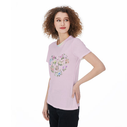 Cute Pastel Flower Heart Graphic Tee | Lightweight Pink Jersey T-Shirt For Women, For Workouts, Leisure, or as a Pajama Top - Printspirationz