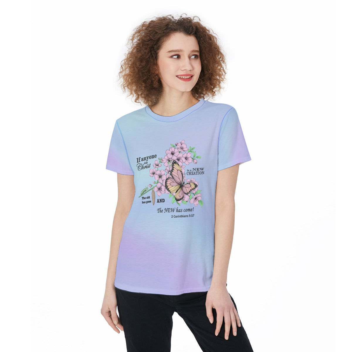 Women's Jersey, Caterpillar to Butterfly Bible Verse Design on Light Blue Gradient, Sports Shirt, Workout Top, Athletic Tee, Fitness - Printspirationz