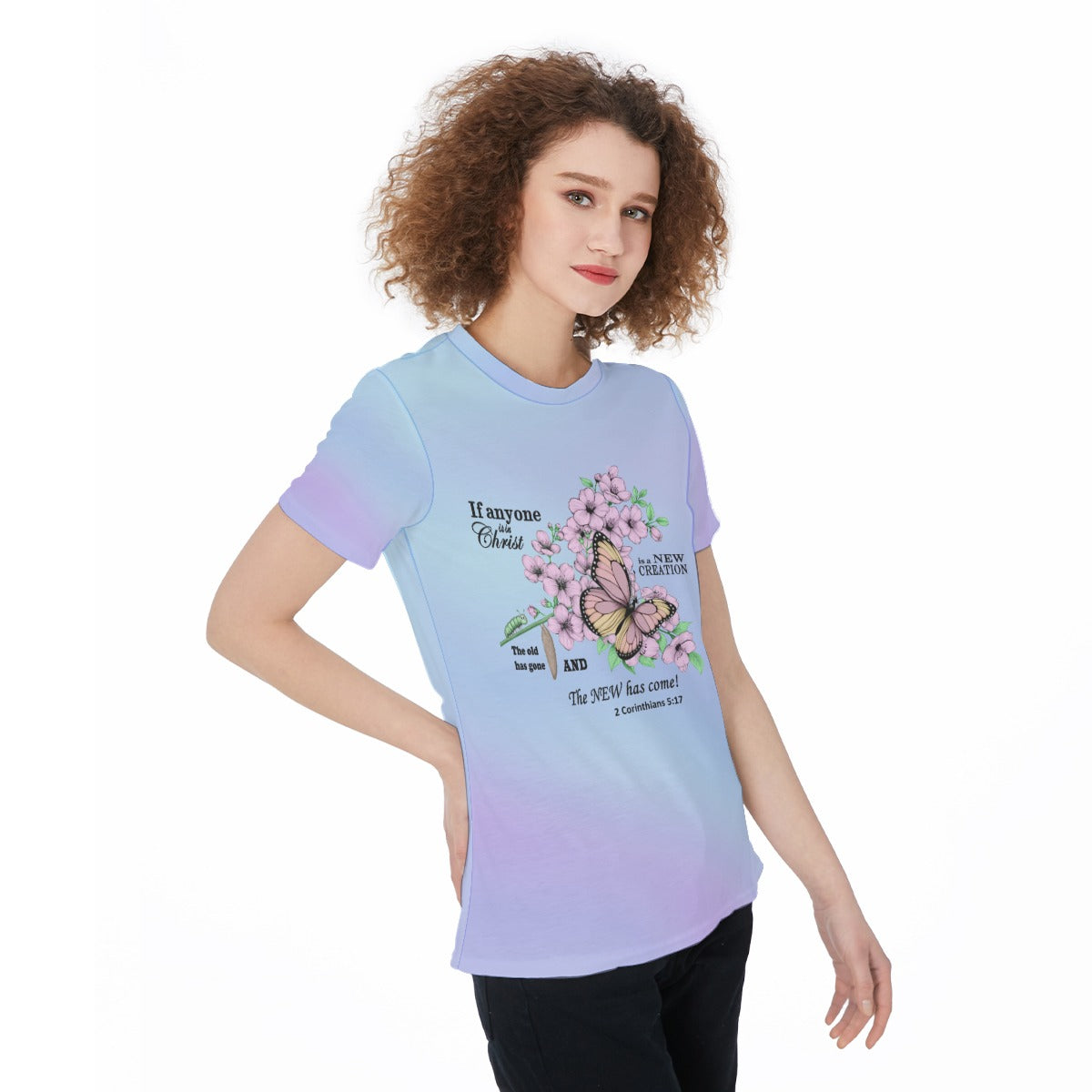 Women's Jersey, Caterpillar to Butterfly Bible Verse Design on Light Blue Gradient, Sports Shirt, Workout Top, Athletic Tee, Fitness - Printspirationz