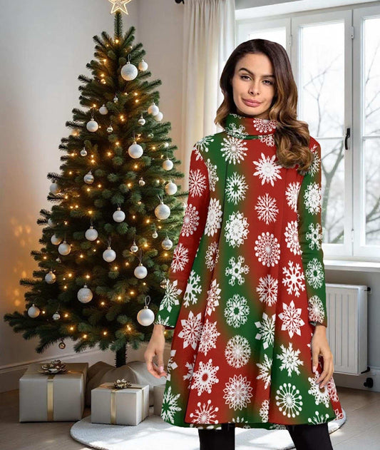Red and Green High Neck Snowflake Mini Dress - Elegant Above the Knee Winter Design, Christmas Party Cocktail Dress