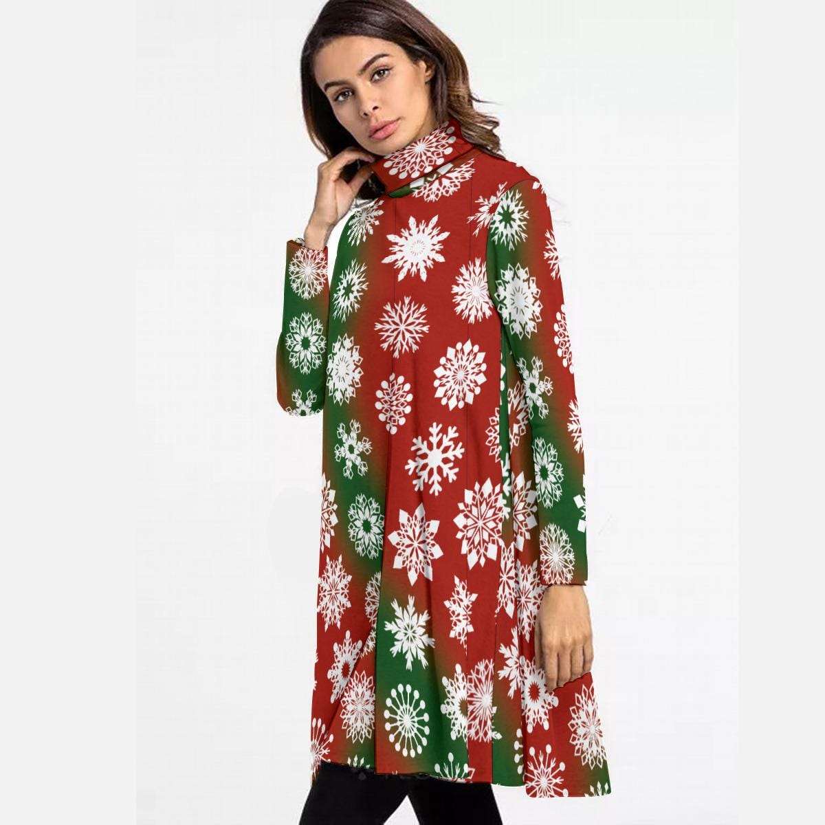 Red and Green High Neck Snowflake Mini Dress - Elegant Above the Knee Winter Design, Christmas Party Cocktail Dress